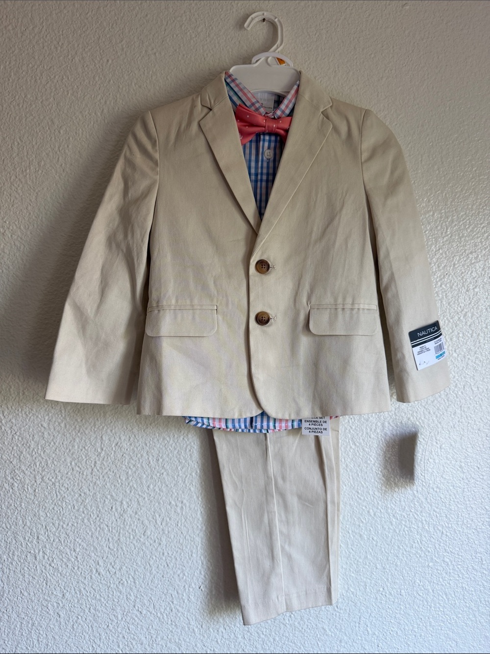 Nautica Cream Boys' 4-Piece Suit with Coral Bow Tie